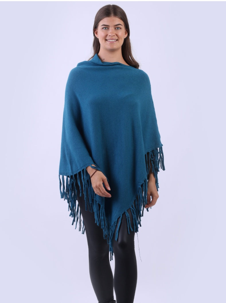 Cowl Neck Plain Knitted Fringe Hem Poncho - Teal
