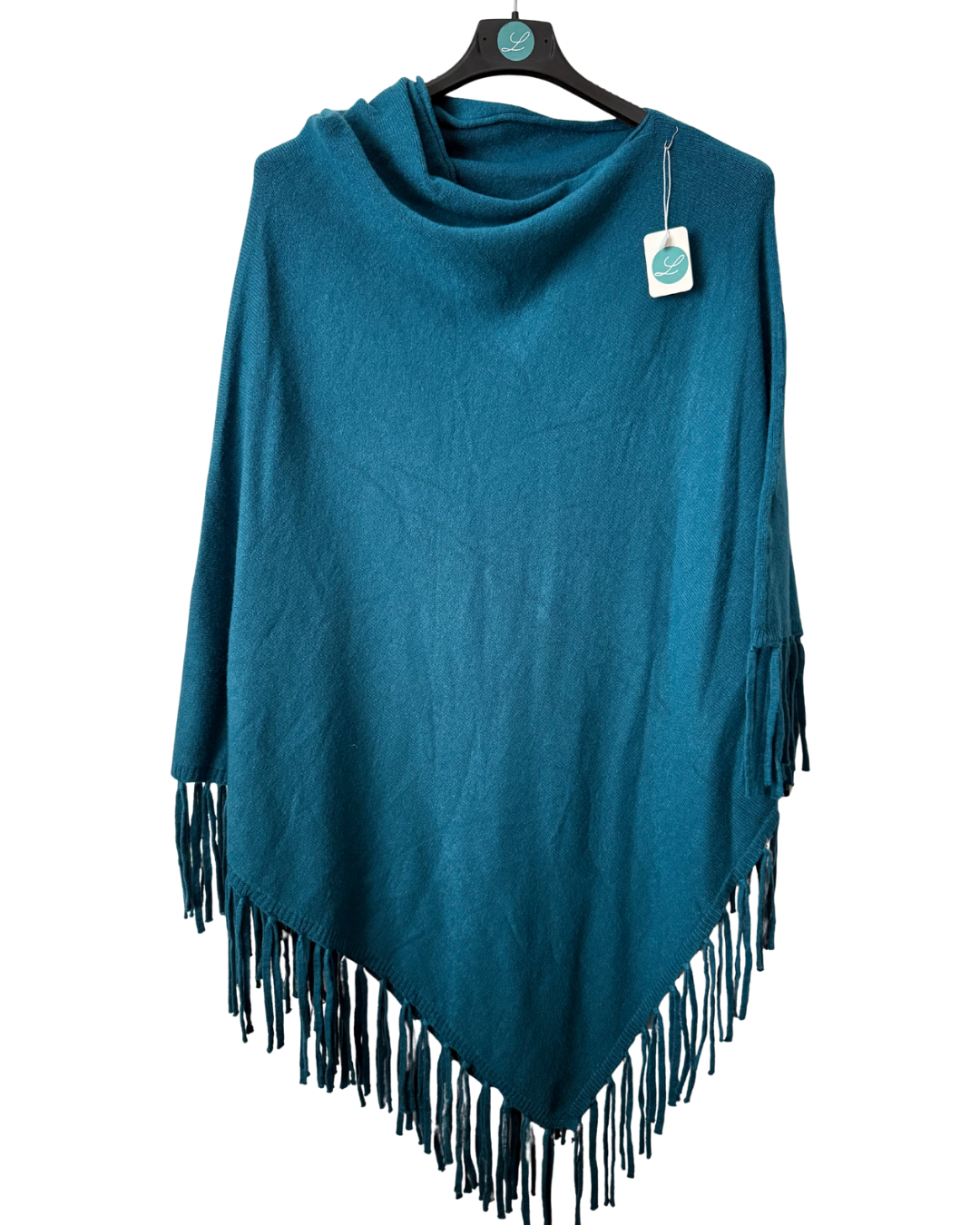 Cowl Neck Plain Knitted Fringe Hem Poncho - Teal