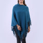 Cowl Neck Plain Knitted Fringe Hem Poncho - Teal