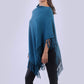 Cowl Neck Plain Knitted Fringe Hem Poncho - Teal