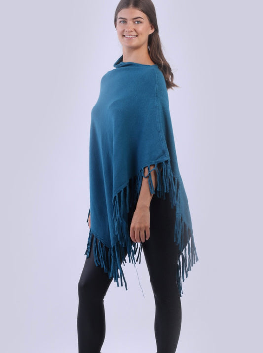 Cowl Neck Plain Knitted Fringe Hem Poncho - Teal