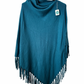 Cowl Neck Plain Knitted Fringe Hem Poncho - Teal